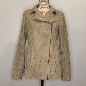 Me Jane eyelet asymmetrical zip front jacket inner draw cord taupe size small